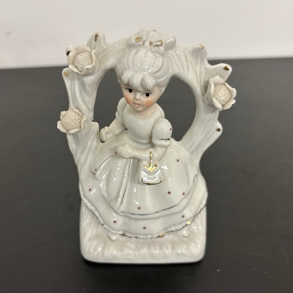 White Glossy Ceramic Girl Figurine with Floral Arch Frame, 3D Effect